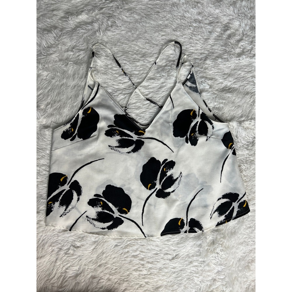 White Black Floral Print Cami Top Women Criss Cross Back Tie Strap‎ Tank